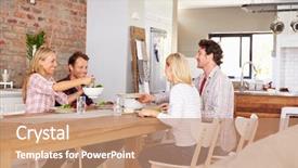  Presentation with dinner party - Beautiful presentation design featuring friends having a dinner party backdrop and a coral colored foreground