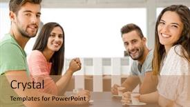  Presentation with coffee shop - Beautiful PPT theme featuring friends having a great day backdrop and a  colored foreground