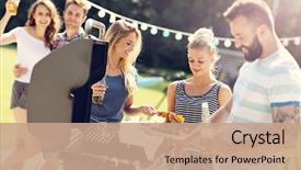  Presentation with barbecue - Presentation theme featuring friends having barbecue party background and a coral colored foreground