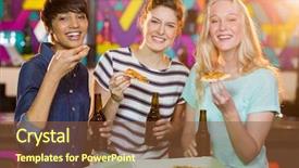  Presentation with portrait of excited overjoyed female - Colorful slide deck enhanced with friends having bottle of beer backdrop and a  colored foreground