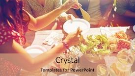  Presentation with dinner party - Audience pleasing PPT theme consisting of friends having dinner at summer backdrop and a coral colored foreground