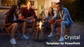  Presentation with campfire - PPT theme having friends-having-fun-by-campfire background and a dark gray colored foreground