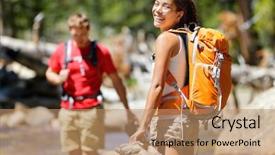  Presentation with adventure river - Presentation theme having friends having fun crossing river background and a coral colored foreground