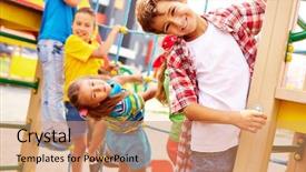  Presentation with playground - Amazing presentation design having friends having fun on playground backdrop and a coral colored foreground