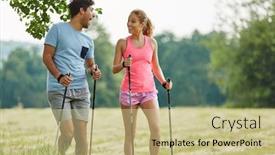  Presentation with walking nordic - Slide deck featuring friends having fun while nordic walking together in the nature background and a soft green colored foreground