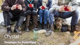  Presentation with campsite - Presentation design with friends holding coffee cups at campsite background and a gray colored foreground