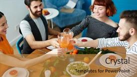  Presentation with blonde holding magnifying glass - Presentation enhanced with friends holding glasses of beverage background and a gold colored foreground