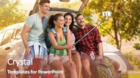  Presentation with take a trip - PPT theme having friends in countryside on camping background and a red colored foreground