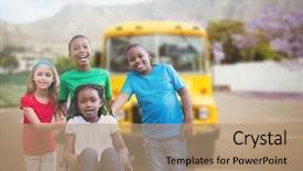  Presentation with school bus - Cool new slide deck with friends in front of school backdrop and a coral colored foreground