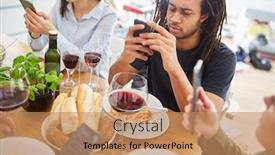  Presentation with social media - PPT layouts consisting of friends-look-at-social-media background and a coral colored foreground