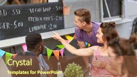  Presentation with food truck - Cool new slide deck with friends looking at billboard backdrop and a  colored foreground