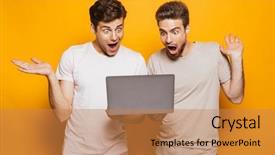  Presentation with full length portrait two men women brown sweater - Slide deck having friends looking at laptop computer background and a coral colored foreground