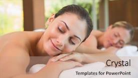  Presentation with peaceful - Presentation with friends lying on massage table background and a coral colored foreground