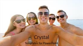  Presentation with friendship - Beautiful slides featuring friends making selfie on beach backdrop and a red colored foreground