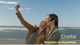  Presentation with women making - Cool new presentation theme with friends making selfie two beautiful young women making selfie at autumn day on the beach backdrop and a tawny brown colored foreground