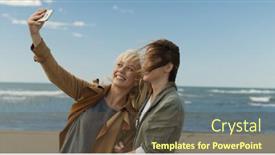  Presentation with women making - Audience pleasing presentation theme consisting of friends making selfie two beautiful young women making selfie at autumn day on the beach backdrop and a tawny brown colored foreground