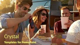  Presentation with picnic - Beautiful presentation theme featuring friends on a road trip having a picnic beside a camper van backdrop and a tawny brown colored foreground