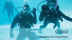 Presentation with swimming pool - Slide set having friends on scuba training submerged background and a light blue colored foreground