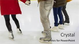  Presentation with ice rink - Amazing PPT theme having friends on skating rink backdrop and a light gray colored foreground