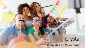  Presentation with team celebration - Presentation theme featuring friends or team with party background and a coral colored foreground