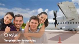  Presentation with travel friends - Beautiful theme featuring friends over plane on airfield backdrop and a  colored foreground