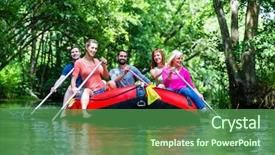 Presentation with boat river - Slide deck featuring friends paddling on rubber boat at forest river or creek background and a ocean colored foreground