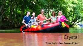  Presentation with boat river - PPT layouts enhanced with friends paddling on rubber boat at forest river or creek background and a coral colored foreground