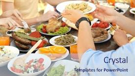  Presentation with picnic - Cool new PPT theme with friends-passing-plate-with-potato backdrop and a sky blue colored foreground