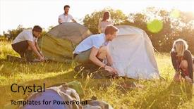  Presentation with friends - Beautiful PPT theme featuring friends pitching tents on camping backdrop and a gold colored foreground