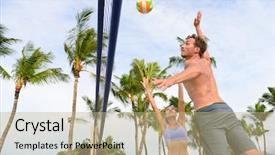  Presentation with volley - Beautiful presentation theme featuring friends playing beach volleyball sport backdrop and a coral colored foreground