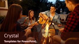  Presentation with bonfire - Amazing PPT theme having friends-playing-on-guitar backdrop and a wine colored foreground