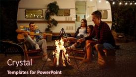  Presentation with campfire - Colorful PPT theme enhanced with friends-playing-on-guitar backdrop and a wine colored foreground