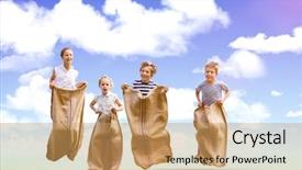  Presentation with race - Cool new slide deck with friends playing sack race backdrop and a coral colored foreground