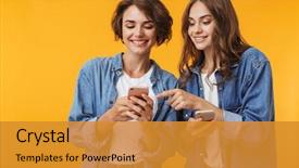  Presentation with nurses and mobile phones - Slides consisting of friends posing isolated over yellow background and a gold colored foreground