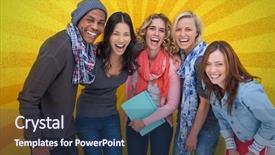  Presentation with team group yellow - Cool new slide deck with friends posing together on yellow backdrop and a ocean colored foreground