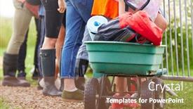  Presentation with music festival - Presentation design featuring friends pulling trolley as they arrive at music festival carrying camping equipment onto site background and a tawny brown colored foreground