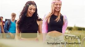  Presentation with music festival - Presentation design with friends pulling trolley as they arrive at music festival carrying camping equipment onto site background and a yellow colored foreground