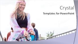  Presentation with festival music - Colorful presentation theme enhanced with friends pulling trolley as they arrive at music festival carrying camping equipment onto site backdrop and a white colored foreground