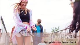  Presentation with music festival - Presentation theme featuring friends pulling trolley as they arrive at music festival carrying camping equipment onto site background and a coral colored foreground