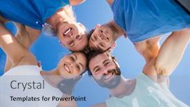  Presentation with heads - Cool new slide deck with friends-putting-their-heads backdrop and a light blue colored foreground