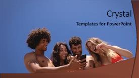  Presentation with multi ethnic group - Audience pleasing slide set consisting of friends reviewing photos on mobile backdrop and a teal colored foreground