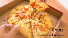  Presentation with share friends - PPT theme enhanced with friends share a pizza background and a gold colored foreground
