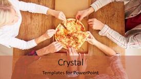  Presentation with share friends - Slide set having friends sharing a pizza together background and a red colored foreground