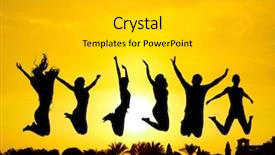  Presentation with sunset - Beautiful presentation design featuring friends silhouettes jumping over sunset backdrop and a light gray colored foreground