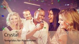  Presentation with night club - PPT theme having friends singing at the karaoke background and a coral colored foreground