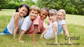  Presentation with diverse children cartoons - Cool new presentation theme with friends sit together in kindergarden backdrop and a yellow colored foreground