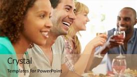  Presentation with dinner party - Audience pleasing PPT layouts consisting of friends sitting around table backdrop and a coral colored foreground