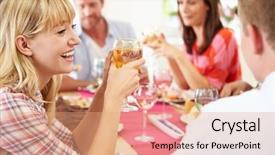  Presentation with dinner party - Amazing slide set having friends sitting around table backdrop and a  colored foreground