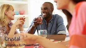  Presentation with dinner party - Slide set with friends sitting around table background and a coral colored foreground