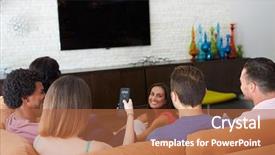  Presentation with friends - PPT theme with friends sitting on sofa watching background and a red colored foreground